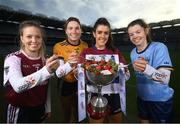 31 January 2022; ‘Breakfast of Champions’ - In attendance at a photocall to announce that Yoplait are the new sponsors of the LGFA’s Third-Level Championships is, from left, NUI Galway & Galway's Hannah Noone, DCU & Dublin's Jennifer Dunne, UL & Cork's Erika O’Shea and UCD & Fermanagh's Eimear Smyth. Yoplait have also been installed as ‘Official Yogurt of the LGFA’. Photo by Stephen McCarthy/Sportsfile