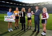 31 January 2022; In attendance at a photocall to announce that Yoplait are the new sponsors of the LGFA’s Third-Level Championships is Deirdre Lowry, Yoplait brand manager, and LGFA President Mícheál Naughton with, from left, UCD & Fermanagh's Eimear Smyth, DCU & Dublin's Jennifer Dunne, UL & Cork's Erika O’Shea and NUI Galway & Galway's Hannah Noone. Yoplait have also been installed as ‘Official Yogurt of the LGFA’. Photo by Stephen McCarthy/Sportsfile