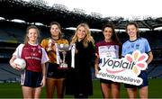 31 January 2022; In attendance at a photocall to announce that Yoplait are the new sponsors of the LGFA’s Third-Level Championships is Deirdre Lowry, Yoplait brand manager, with, from left, NUI Galway & Galway's Hannah Noone, DCU & Dublin's Jennifer Dunne, UL & Cork's Erika O’Shea and UCD & Fermanagh's Eimear Smyth. Yoplait have also been installed as ‘Official Yogurt of the LGFA’. Photo by Stephen McCarthy/Sportsfile
