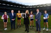 31 January 2022; In attendance at a photocall to announce that Yoplait are the new sponsors of the LGFA’s Third-Level Championships is Deirdre Lowry, Yoplait brand manager, with LGFA President Mícheál Naughton, right, Ladies HEC Chairperson Daniel Caldwell, left, and players, from left, NUI Galway & Galway's Hannah Noone, DCU & Dublin's Jennifer Dunne, UL & Cork's Erika O’Shea and DCU & Dublin's Jennifer Dunne. Yoplait have also been installed as ‘Official Yogurt of the LGFA’. Photo by Stephen McCarthy/Sportsfile