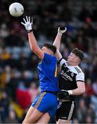 29 January 2022; Brian Hayes of St Finbarr's and Ryan McEvoy of Kilcoo cntest a kickout during the AIB GAA Football All-Ireland Senior Club Championship Semi-Final match between St Finbarr's, Cork, and Kilcoo, Down, at MW Hire O'Moore Park in Portlaoise, Laois. Photo by Brendan Moran/Sportsfile