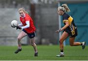 29 January 2022; Louise Ward of Kilkerrin-Clonberne in action against Maire O'Callaghan of Mourneabbey during the 2021 currentaccount.ie All-Ireland Ladies Senior Club Football Championship Final match between Mourneabbey and Kilkerrin-Clonberne at St Brendan's Park in Birr, Offaly. Photo by Piaras Ó Mídheach/Sportsfile