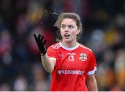 29 January 2022; Eva Noone of Kilkerrin-Clonberne tests the wind before the 2021 currentaccount.ie All-Ireland Ladies Senior Club Football Championship Final match between Mourneabbey and Kilkerrin-Clonberne at St Brendan's Park in Birr, Offaly. Photo by Piaras Ó Mídheach/Sportsfile