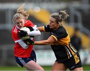 29 January 2022; Louise Ward of Kilkerrin-Clonberne in action against Doireann O'Sullivan of Mourneabbey during the 2021 currentaccount.ie All-Ireland Ladies Senior Club Football Championship Final match between Mourneabbey and Kilkerrin-Clonberne at St Brendan's Park in Birr, Offaly. Photo by Piaras Ó Mídheach/Sportsfile