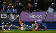 29 January 2022; Scott Penny of Leinster scores his side's third try despite the tackle of Kirby Myhill of Cardiff during the United Rugby Championship match between Cardiff and Leinster at Cardiff Arms Park in Cardiff, Wales. Photo by Harry Murphy/Sportsfile