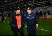 29 January 2022; Armagh manager Kieran McGeeney, left, and Dublin manager Dessie Farrell following the Allianz Football League Division 1 match between Dublin and Armagh at Croke Park in Dublin. Photo by Stephen McCarthy/Sportsfile