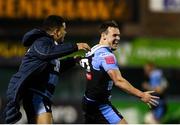 29 January 2022; Jarrod Evans of Cardiff, right, celebrates with teammate Ben Thomas, left, after kicking the winning penalty during the United Rugby Championship match between Cardiff and Leinster at Cardiff Arms Park in Cardiff, Wales. Photo by Harry Murphy/Sportsfile