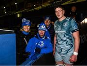 29 January 2022; Joe McCarthy of Leinster, with his family, from left, mother Paula, brother Andrew and father Joe, after making his debut for leinster during the United Rugby Championship match between Cardiff and Leinster at Cardiff Arms Park in Cardiff, Wales. Photo by Harry Murphy/Sportsfile