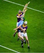 29 January 2022; Aidan Mellett of Dublin in action against Matthew O'Hanlon, left, and Liam Ryan of Wexford during the Walsh Cup Final match between Dublin and Wexford at Croke Park in Dublin. Photo by Stephen McCarthy/Sportsfile
