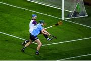 29 January 2022; Aidan Mellett of Dublin has a shot on goal blocked by Wexford goalkeeper Mark Fanning during the Walsh Cup Final match between Dublin and Wexford at Croke Park in Dublin. Photo by Stephen McCarthy/Sportsfile