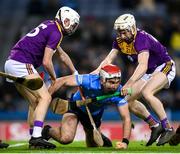 29 January 2022; Paddy Smyth of Dublin in action against Oisín Pepper, left, and David Dunne of Wexford during the Walsh Cup Final match between Dublin and Wexford at Croke Park in Dublin. Photo by Stephen McCarthy/Sportsfile