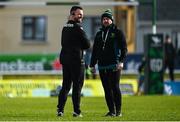 29 January 2022; Glasgow Warriors assistant coach Nigel Carolan, left, and Connacht assistant attack & skills coach Mossy Lawler before the United Rugby Championship match between Connacht and Glasgow Warriors at the Sportsground in Galway. Photo by Seb Daly/Sportsfile