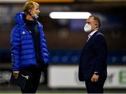 29 January 2022; Leinster head coach Leo Cullen speaks with Leinster senior communications & media manager Marcus Ó Buachalla before the United Rugby Championship match between Cardiff and Leinster at Cardiff Arms Park in Cardiff, Wales. Photo by Harry Murphy/Sportsfile