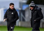 29 January 2022; Kilcoo selector Conleth Gilligan, left, and manager Mickey Moran before the AIB GAA Football All-Ireland Senior Club Championship Semi-Final match between St Finbarr's, Cork, and Kilcoo, Down, at MW Hire O'Moore Park in Portlaoise, Laois. Photo by Brendan Moran/Sportsfile