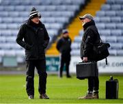 29 January 2022; Kilcoo manager Mickey Moran, left, in conversation with BBC journalist Mark Sidebottom before the AIB GAA Football All-Ireland Senior Club Championship Semi-Final match between St Finbarr's, Cork, and Kilcoo, Down, at MW Hire O'Moore Park in Portlaoise, Laois. Photo by Brendan Moran/Sportsfile