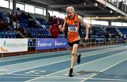 30 January 2022; John Gibson Gribben of Orangegrove AC, Belfast, competing in the over 75 men's 200m during the Irish Life Health National Masters Indoor Championships at TUS Internation Arena in Athlone, Westmeath. Photo by Sam Barnes/Sportsfile