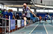 30 January 2022; Peadar McGing of Dundrum South Dublin AC, crosses the line to win the over 65 men's 200m during the Irish Life Health National Masters Indoor Championships at TUS Internation Arena in Athlone, Westmeath. Photo by Sam Barnes/Sportsfile