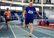 30 January 2022; Seamus Agnew of Ballymena and Antrim AC, competing in the over 65 men's 200m during the Irish Life Health National Masters Indoor Championships at TUS Internation Arena in Athlone, Westmeath. Photo by Sam Barnes/Sportsfile