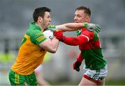 30 January 2022; Eoghan Bán Gallagher of Donegal in action against Ryan O'Donoghue of Mayo during the Allianz Football League Division 1 match between Mayo and Donegal at Markievicz Park in Sligo. Photo by Piaras Ó Mídheach/Sportsfile