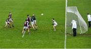 30 January 2022; Tomo Culhane of Galway, 15, scores his side's first goal during the Allianz Football League Division 2 match between Galway and Meath at Pearse Stadium in Galway. Photo by Seb Daly/Sportsfile