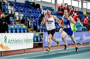 30 January 2022; John O'Loughlin of Crusaders AC, Dublin, left, and Enda Gavigan of LSA, competing in the over 55 men's 200m  during the Irish Life Health National Masters Indoor Championships at TUS Midlands Midwest Arena in Athlone, Westmeath. Photo by Sam Barnes/Sportsfile