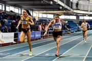 30 January 2022; Annette Quaid of Leevale AC, Cork, left, and Mary Horgan of Crusaders AC, Dublin, competing in the over 35 women's 800m during the Irish Life Health National Masters Indoor Championships at TUS International Arena in Athlone, Westmeath. Photo by Sam Barnes/Sportsfile