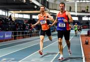 30 January 2022; Laurence Arthur of Derg AC, Clare, right, on his way to winning the over 45 men's 800m, ahead of Stephen Orr of Orangegrove AC, who finished second, during the Irish Life Health National Masters Indoor Championships at TUS International Arena in Athlone, Westmeath. Photo by Sam Barnes/Sportsfile
