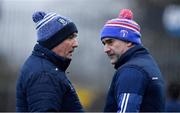 30 January 2022; Monaghan manager Seamus McEnaney, left, and performance coach Liam Sheedy during the Allianz Football League Division 1 match between Tyrone and Monaghan at O'Neill's Healy Park in Omagh, Tyrone. Photo by Brendan Moran/Sportsfile
