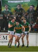 30 January 2022; Kerry players, from left, Tadhg Morley, Paudie Clifford and Jason Foley celebrate a turn-over during the Allianz Football League Division 1 match between Kildare and Kerry at St Conleth's Park in Newbridge, Kildare. Photo by Stephen McCarthy/Sportsfile