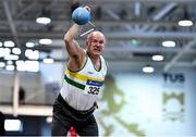 30 January 2022; John Territt of St Abbans AC, Laois, competing in the over 60 men's weight for distance during the Irish Life Health National Masters Indoor Championships at TUS International Arena in Athlone, Westmeath. Photo by Sam Barnes/Sportsfile
