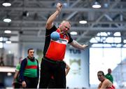 30 January 2022; Damian Crawford of Lifford Strabane AC, Donegal, competing in the over 50 men's weight for distance during the Irish Life Health National Masters Indoor Championships at TUS International Arena in Athlone, Westmeath. Photo by Sam Barnes/Sportsfile