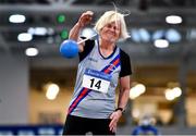 30 January 2022; Teresa McGing of Dundrum South Dublin AC, competing in the over 60 women's weight for distance  during the Irish Life Health National Masters Indoor Championships at TUS International Arena in Athlone, Westmeath. Photo by Sam Barnes/Sportsfile