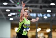 30 January 2022; Jean Daly of Na Fianna AC, Meath, competing in the over 55 women's weight for distance during the Irish Life Health National Masters Indoor Championships at TUS International Arena in Athlone, Westmeath. Photo by Sam Barnes/Sportsfile