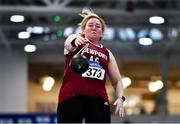 30 January 2022; Jocelyn Hanrahan of Newport AC, Tipperary, competing in the over 45 women's weight for distance during the Irish Life Health National Masters Indoor Championships at TUS International Arena in Athlone, Westmeath. Photo by Sam Barnes/Sportsfile