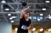 30 January 2022; Carmel Miniter of St Marys AC, Clare, competing in the over 45 women's weight for distance  during the Irish Life Health National Masters Indoor Championships at TUS International Arena in Athlone, Westmeath. Photo by Sam Barnes/Sportsfile