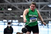 30 January 2022; Genevieve Rowland of Templemore AC, Tipperary, competing in the over 40 women's weight for distance during the Irish Life Health National Masters Indoor Championships at TUS International Arena in Athlone, Westmeath. Photo by Sam Barnes/Sportsfile