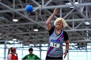 30 January 2022; Teresa Mc ging of Dundrum South Dublin AC, competing in the over 60 women's weight for distance during the Irish Life Health National Masters Indoor Championships at TUS International Arena in Athlone, Westmeath. Photo by Sam Barnes/Sportsfile