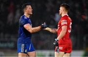 30 January 2022; Dessie Ward of Monaghan, left, and Conor Meyler of Tyrone shake hands after the Allianz Football League Division 1 match between Tyrone and Monaghan at O'Neill's Healy Park in Omagh, Tyrone. Photo by Brendan Moran/Sportsfile