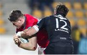 29 January 2022; Jack O’Donoghue of Munster is tackled by Erich Cronjè of Zebreduring the United Rugby Championship match between Zebre Parma and Munster at Stadio Sergio Lanfranchi in Parma, Italy. Photo by Roberto Bregani/Sportsfile