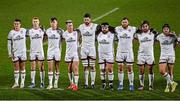 28 January 2022; Ulster players, from left, Billy Burns, Nathan Doak, Ethan McIlroy, Craig Gilroy, Sam Carter, Marty Moore, Duane Vermeulen, John Andrew and Angus Curtis before the United Rugby Championship match between Ulster and Scarlets at the Kingspan Stadium in Belfast. Photo by Ramsey Cardy/Sportsfile