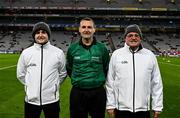 29 January 2022; Match referee Patrick Murphy, his dad Paddy, right, and his son Colin, left, who acted as two of his four umpires for the Walsh Cup Final match between Dublin and Wexford at Croke Park in Dublin. Photo by Ray McManus/Sportsfile