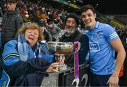 29 January 2022; Dublin captain Eoghan O'Donnell with his mum, Mary, and his dad, Mick, after collecting the cup for the Walsh Cup Final match between Dublin and Wexford at Croke Park in Dublin. Photo by Ray McManus/Sportsfile