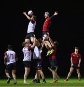 31 January 2022; Paidi Gorman of Midlands wins possession in the lineout against Sean Price of North East during the Bank of Ireland Leinster Rugby Shane Horgan Cup Round 5 match between Midlands and North East at Ashbourne RFC in Meath. Photo by Harry Murphy/Sportsfile