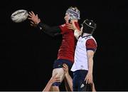 31 January 2022; Sean Price of North East wins possession in the lineout against Cathal Halpenny of North East during the Bank of Ireland Leinster Rugby Shane Horgan Cup Round 5 match between Midlands and North East at Ashbourne RFC in Meath. Photo by Harry Murphy/Sportsfile