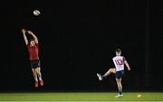 31 January 2022; Rory Allen of Midlands kicks a conversion chased down by Luke Carley of North East during the Bank of Ireland Leinster Rugby Shane Horgan Cup Round 5 match between Midlands and North East at Ashbourne RFC in Meath. Photo by Harry Murphy/Sportsfile