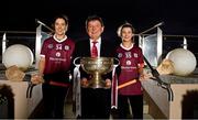 1 February 2022; Galway County Camogie Board has formally launched its ground-breaking sponsorship deal with Westerwood Global. Under the deal, Westerwood Global will pay Galway County Camogie Board €250,000 to secure sponsorship rights including branding rights for all county camogie teams including the Senior County Team who are current All Ireland champions. In attendance at the launch are Galway Camogie players, Dervla Higgins, left, and Aoife Donohue with Basil Holian, Chairman of Westerwood Global, and the O'Duffy Cup at The Galmont Hotel in Galway. Photo by Sam Barnes/Sportsfile