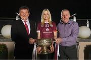 1 February 2022; Galway County Camogie Board has formally launched its ground-breaking sponsorship deal with Westerwood Global. Under the deal, Westerwood Global will pay Galway County Camogie Board €250,000 to secure sponsorship rights including branding rights for all county camogie teams including the Senior County Team who are current All Ireland champions. In attendance at the launch are Galway Camogie Captain Sarah Dervan, with Basil Holian, Chairman of Westerwood Global, left, and Brian Griffin, Galway Camogie County Board Chairman, and the O'Duffy Cup at The Galmont Hotel in Galway. Photo by Sam Barnes/Sportsfile