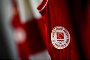 31 January 2022; A detailed view of the St Patrick's Athletic crest on their jersey during a squad portrait session at Ballyoulster United Football Club in Kildare. Photo by Stephen McCarthy/Sportsfile