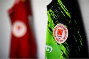 31 January 2022; A detailed view of the St Patrick's Athletic crest on their goalkeepers jersey during a squad portrait session at Ballyoulster United Football Club in Kildare. Photo by Stephen McCarthy/Sportsfile