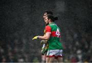 30 January 2022; Padraig O'Hora of Mayo and Patrick McBrearty of Donegal watch play during heavy rain during the Allianz Football League Division 1 match between Mayo and Donegal at Markievicz Park in Sligo. Photo by Piaras Ó Mídheach/Sportsfile